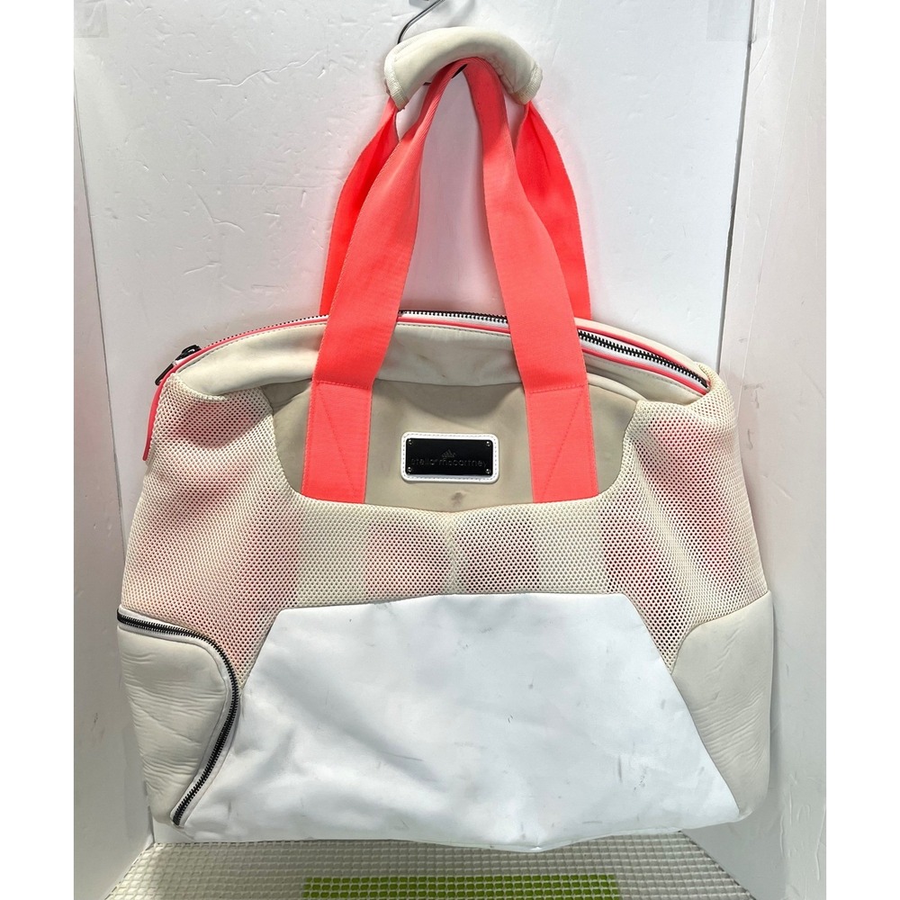 Adidas by Stella McCartney Gym Bag White Tan Neon Coral Mesh Duffel AX8257